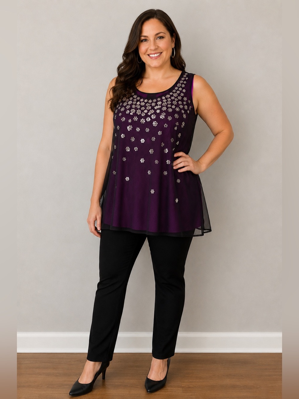 Lane Bryant Sz 18 Purple Sequin Floral Mesh Overlay Over Tank Top Elevated Luxe